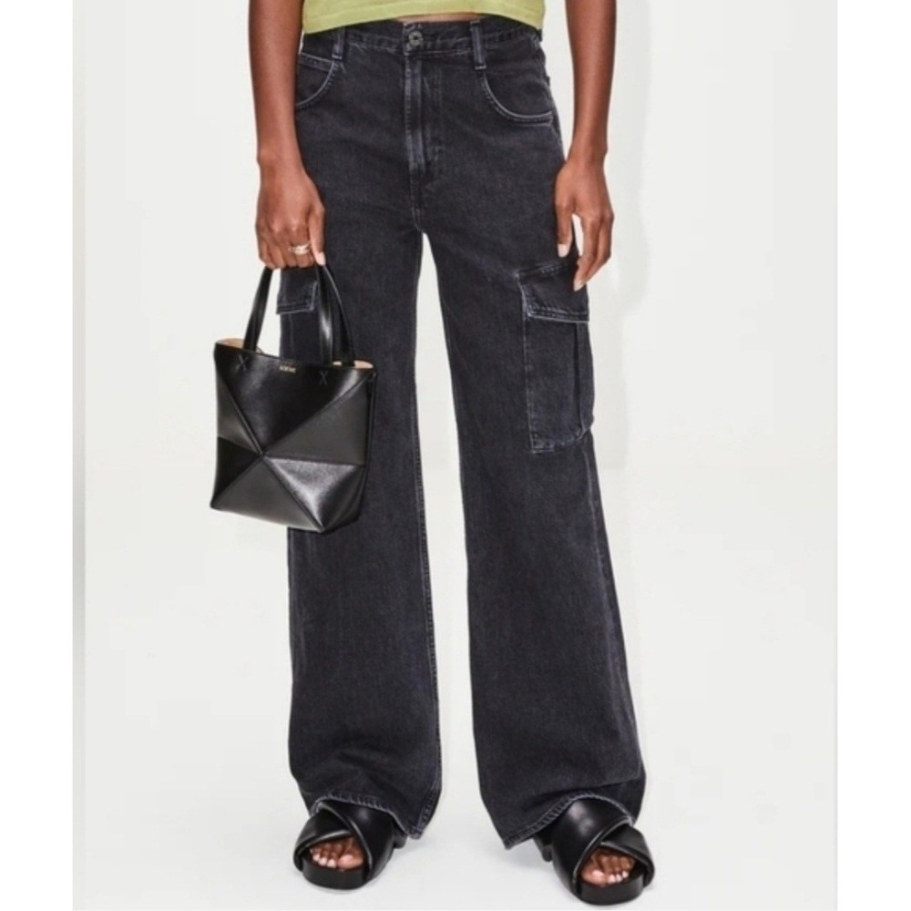 AGOLDE Minka Cargo Jeans Washed Black Wide Leg High Rise Womens 28 Ripped